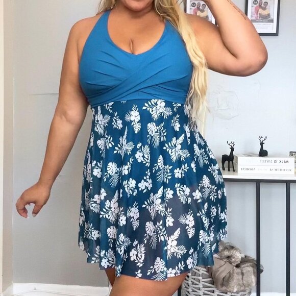 Womens Plus Size Swimsuit One Piece Bathing Suit Tummy Control Flowy Mesh Swim D - Picture 4 of 13